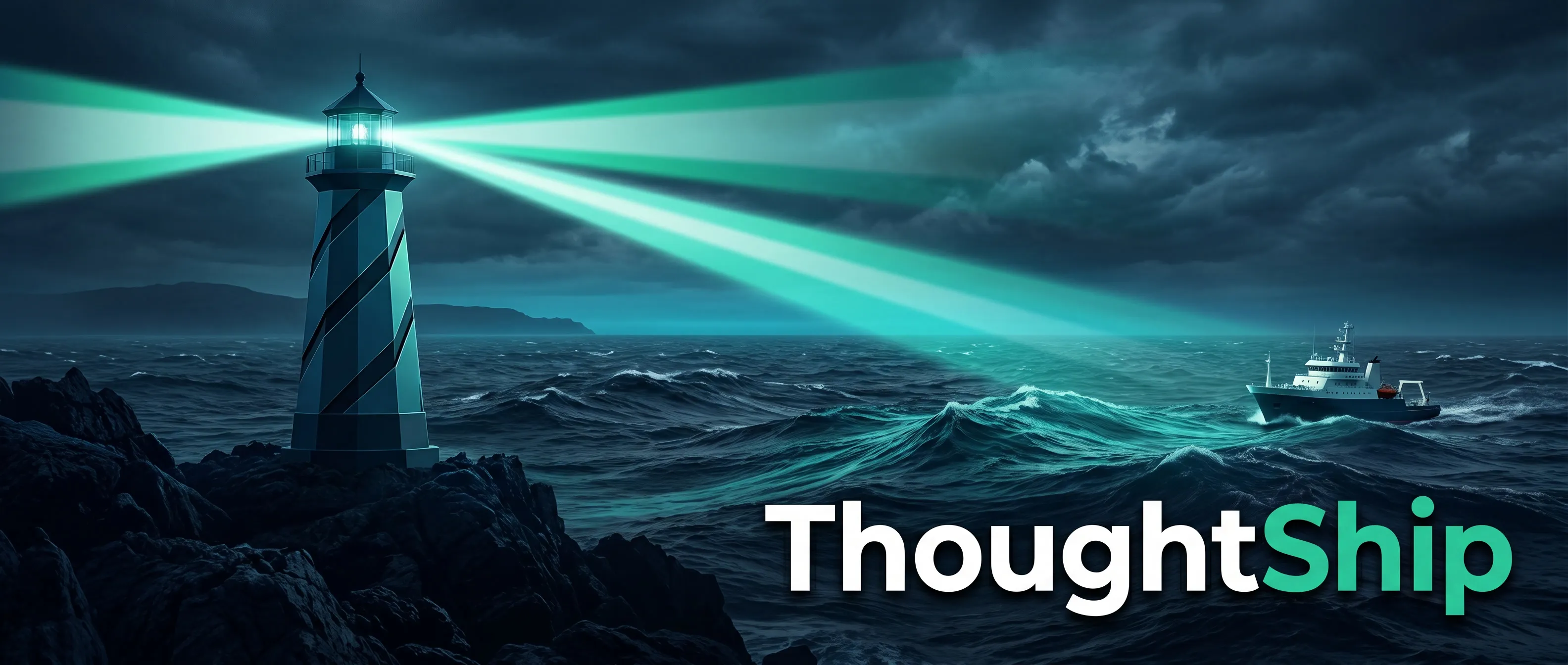 ThoughtShip Leuchtturm-Illustration — Voice-First KI-Plattform für Personal Branding, Thought Leadership und PR
