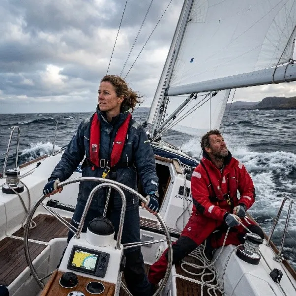 Crew aus Frau am Steuer und Mann an der Schot segelt durch aufgewühlte See — ThoughtShip versteht sich als digitale Crew für Unternehmenskommunikation