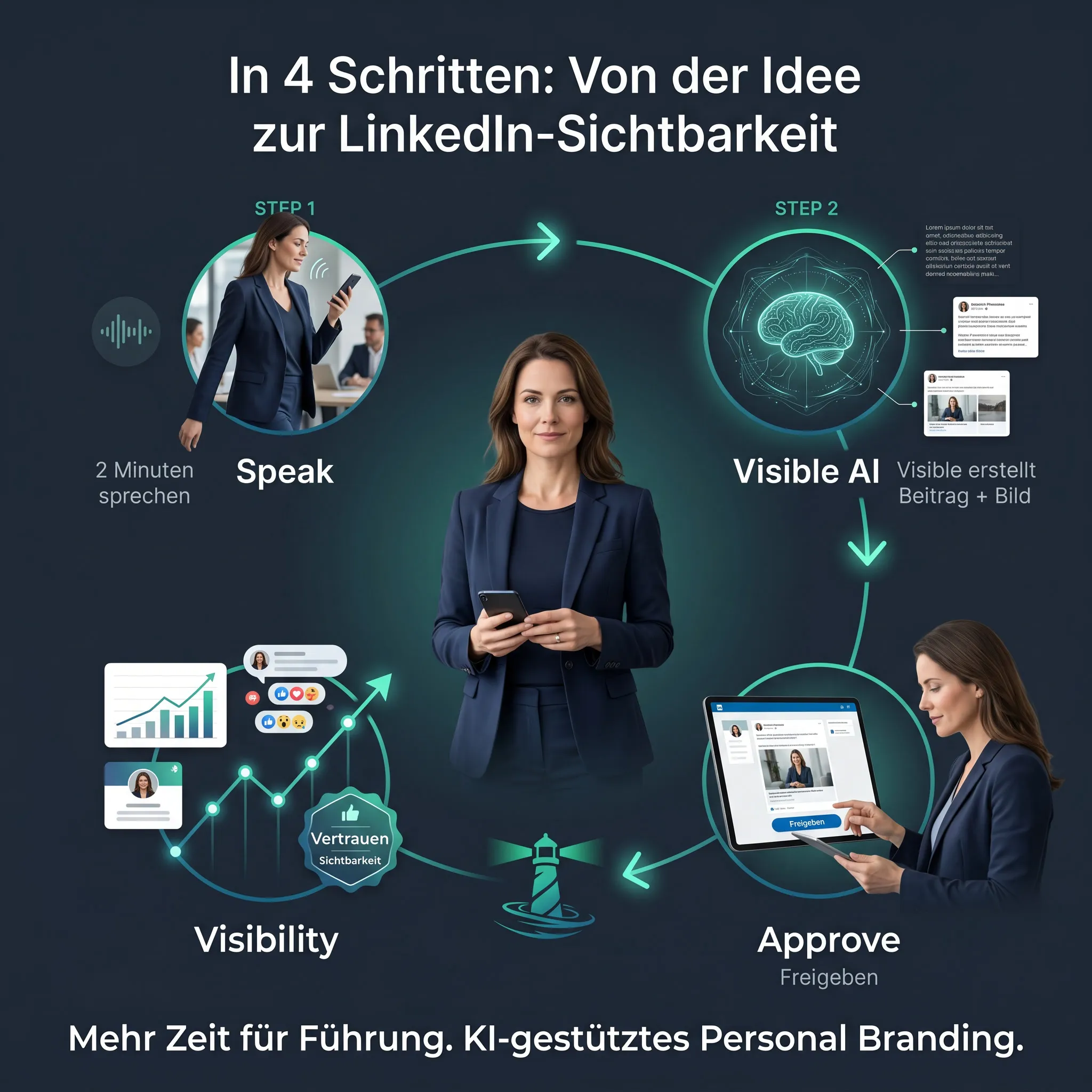 Prozess-Diagramm Visible: Aus 60-Sekunden-Sprachnachricht wird vollständiger LinkedIn-Beitrag für Personal Branding auf LinkedIn — sprechen, System schreibt, freigeben