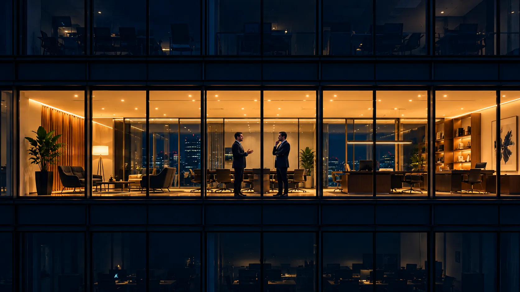 Zwei Führungskräfte im abendlich beleuchteten Büro über der Stadt — ThoughtShip macht die Chefetage sichtbar, ohne dass das Marketing-Team hinterherjagt