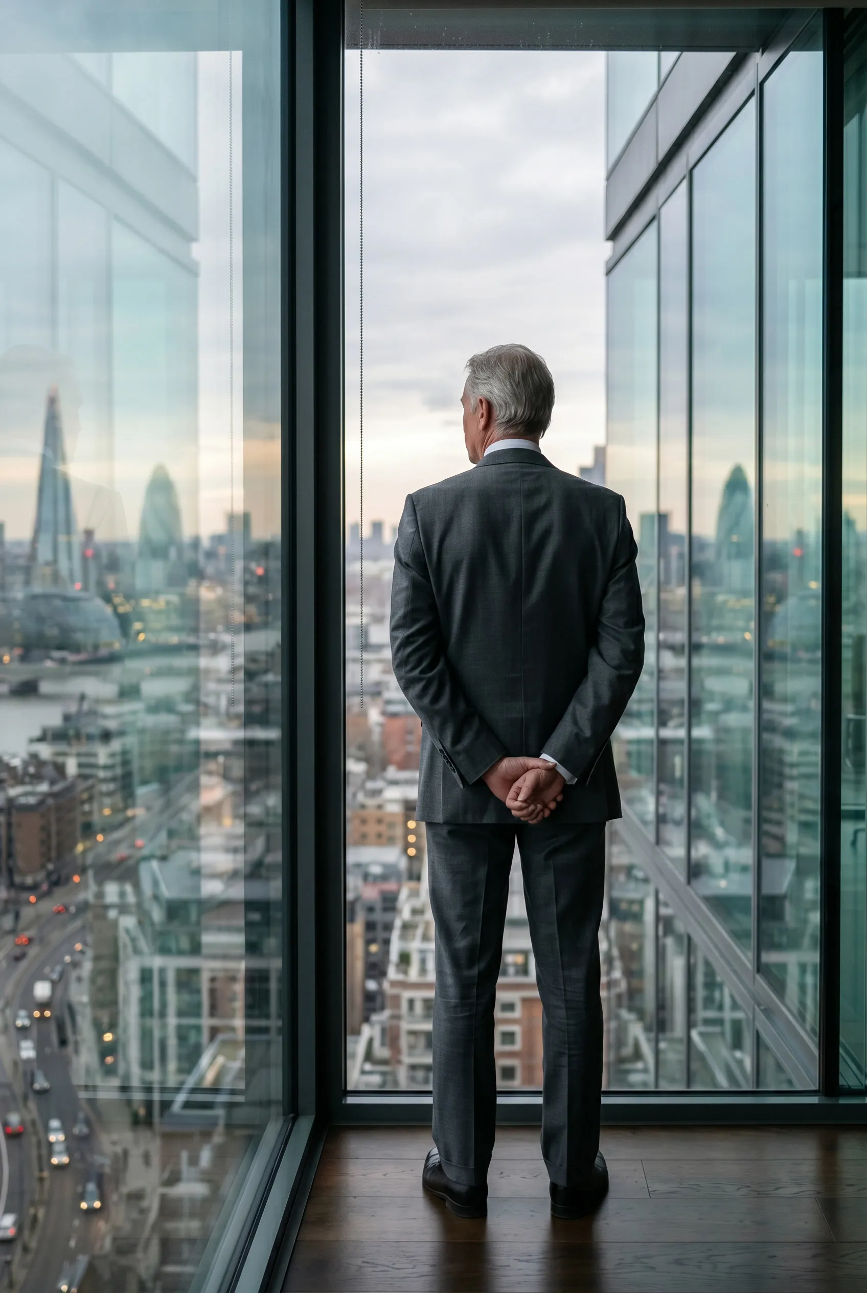 Geschäftsführer im Anzug blickt aus einem Hochhausfenster über die Skyline — als CEO per Stimme sichtbar werden mit ThoughtShip