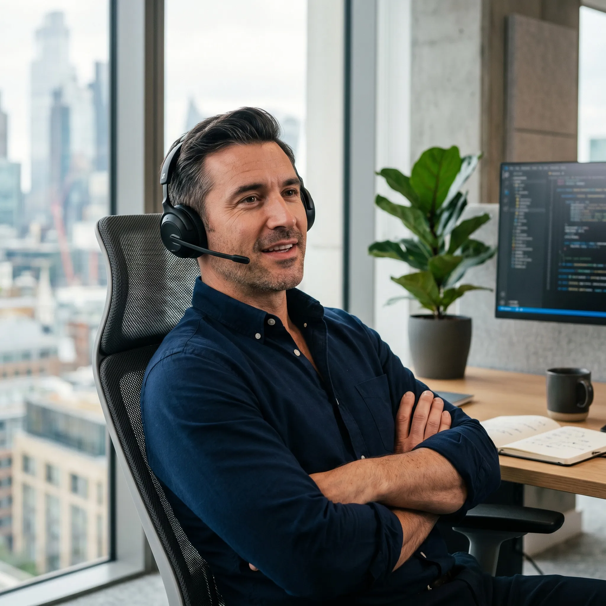 Geschäftsführer Mitte 40 mit Headset im modernen Büro — Thought Leadership auf LinkedIn entsteht aus Sprachnachrichten mit ThoughtLead