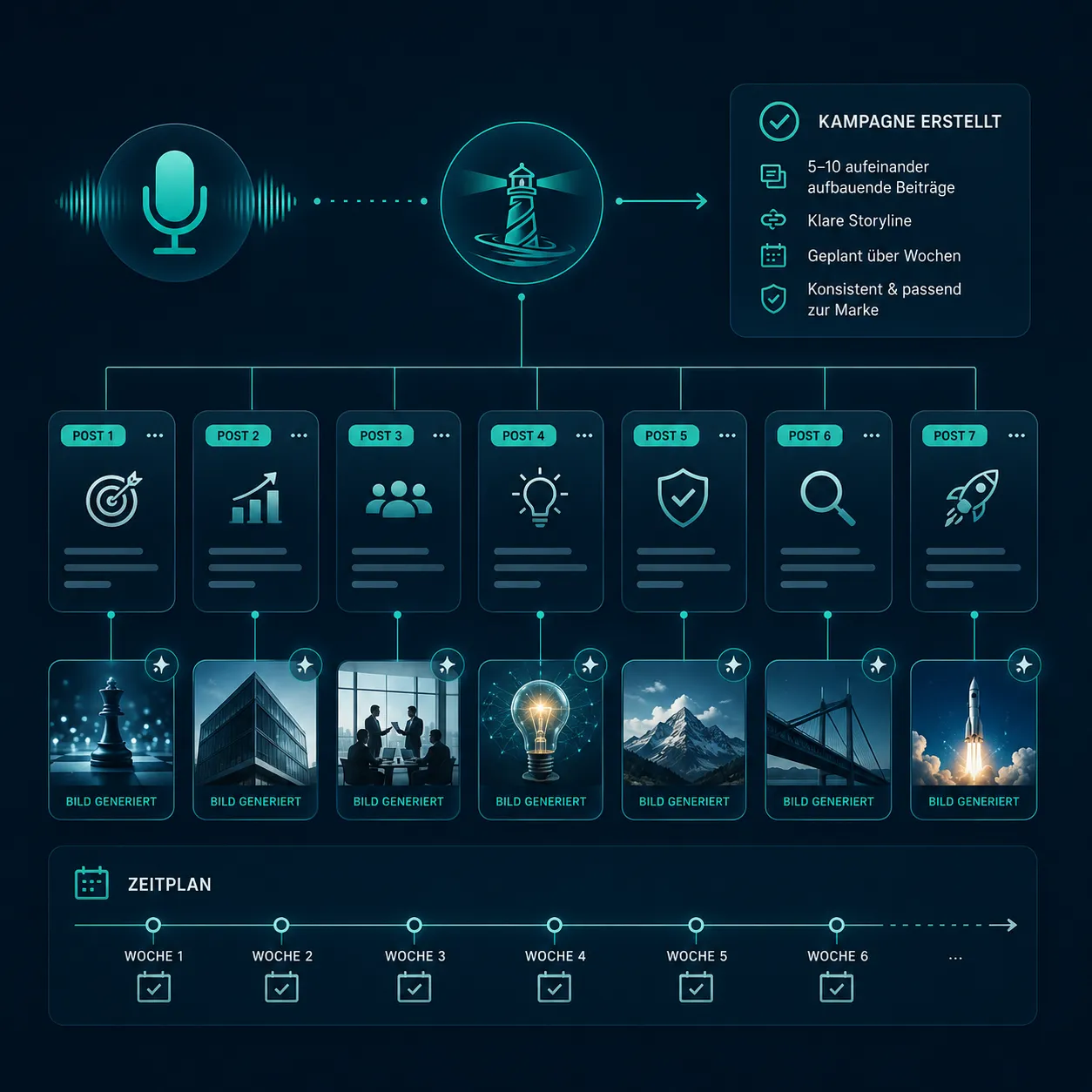 ThoughtShip Kampagnen-Diagramm: aus einer Sprachnachricht entsteht eine Serie aus fünf bis zehn Beiträgen mit Zeitplan über mehrere Wochen