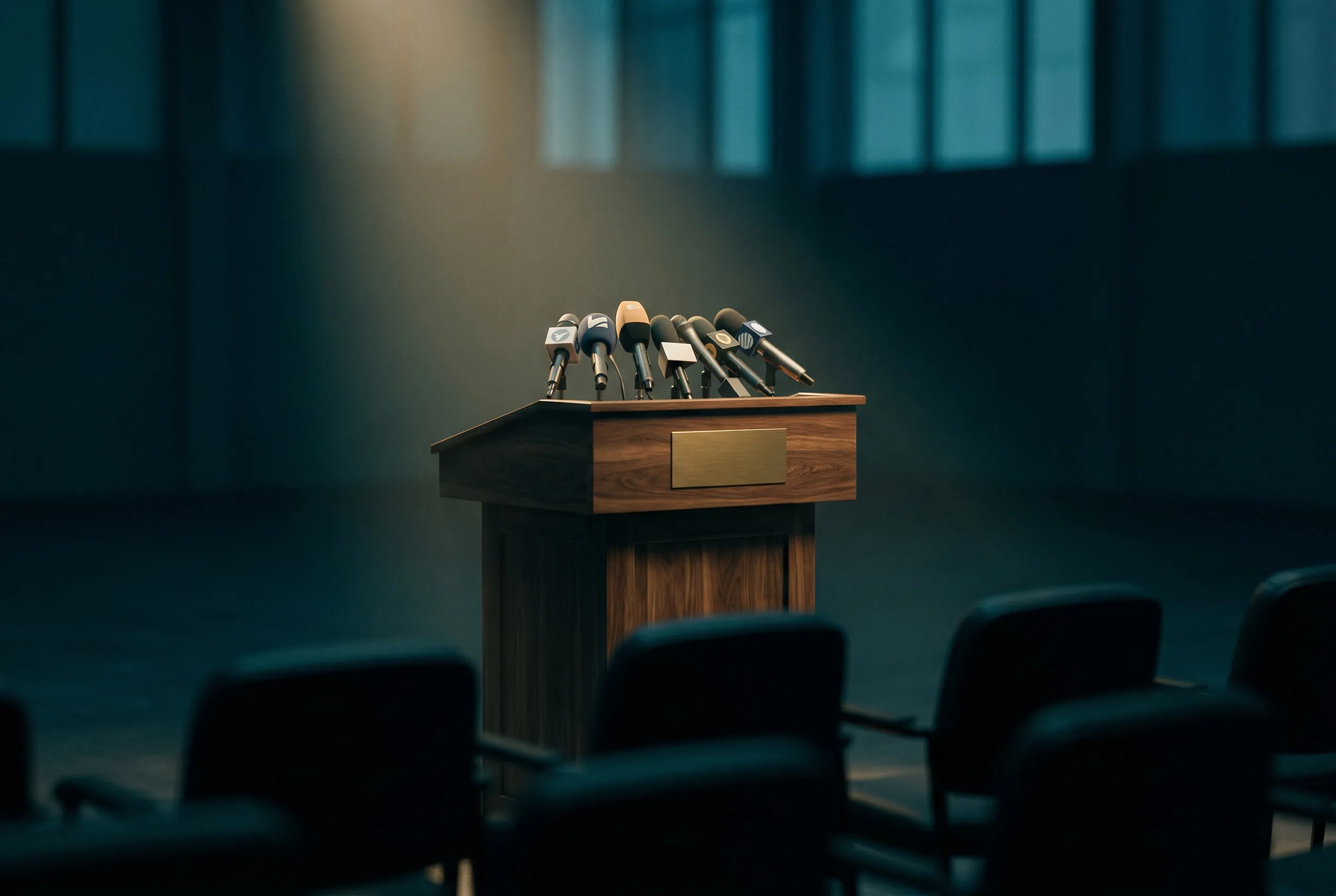 Leeres Press-Podium mit mehreren Mikrofonen bei blauer Stunde — fehlende PR-Kapazität lässt die Branche ohne Ihr Unternehmen diskutieren