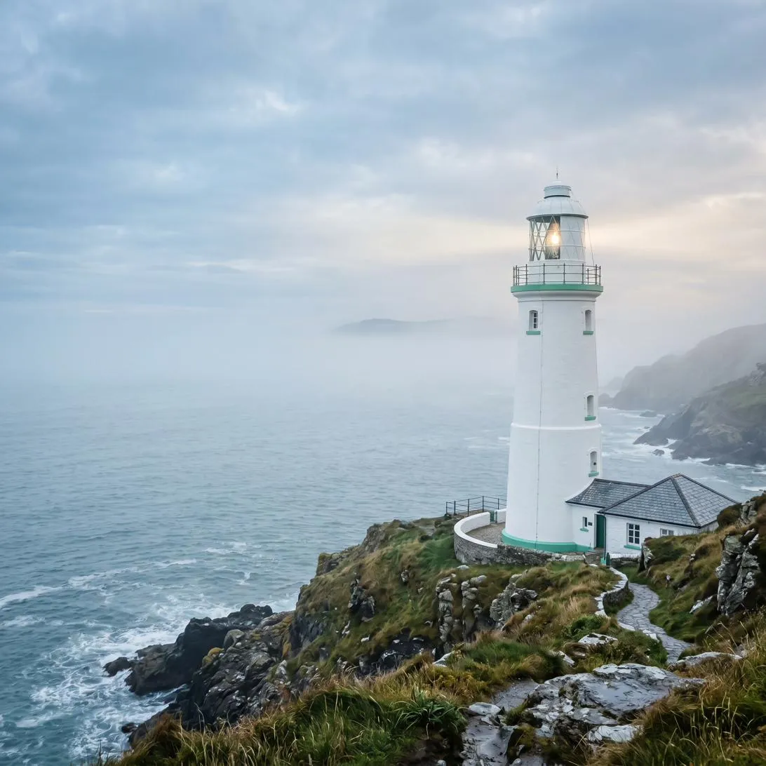 Leuchtturm im Nebel an steiniger Küste — Symbol für ThoughtShip-Orientierung in unklarer Marktlage und Unternehmenskommunikation