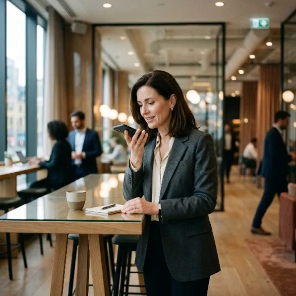 Geschäftsfrau in Lobby spricht in Smartphone — Voice-First Reaktion auf Branchen-News wird zu Thought Leadership Beitrag auf LinkedIn