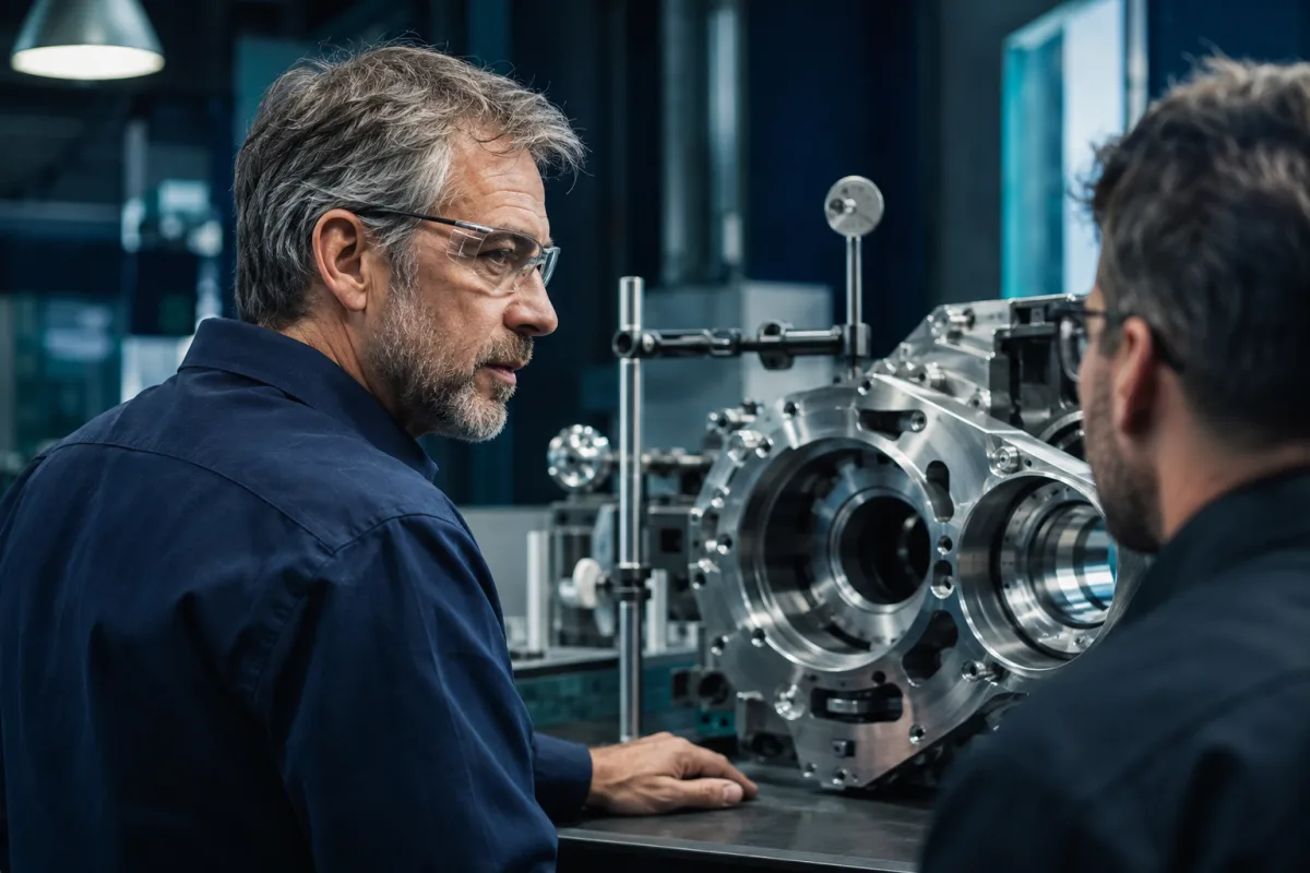 Illustrative Werkstattszene: ein bärtiger Fachmann arbeitet an einer technischen Maschine