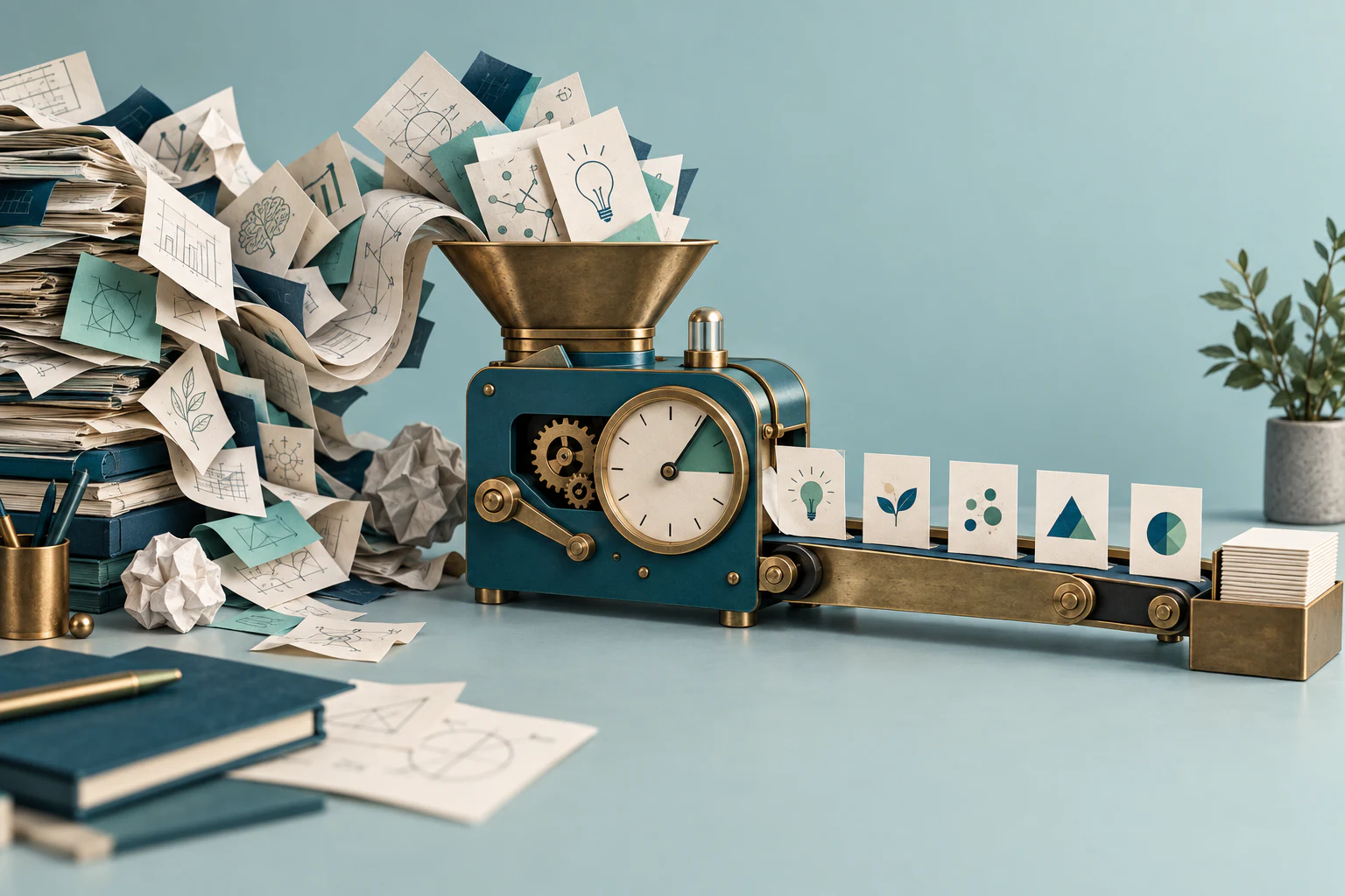 Editoriale Papiercollage: viele gute Gedanken treffen auf ein knappes Zeitfenster