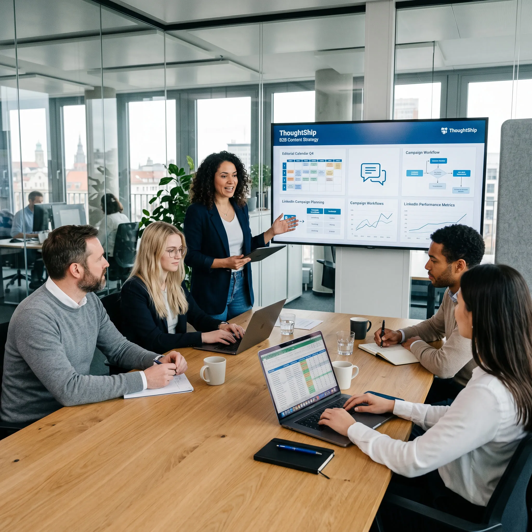Marketing-Team betrachtet ein ThoughtShip-Dashboard mit Redaktionskalender, Kampagnen-Workflow und Performance-Kennzahlen