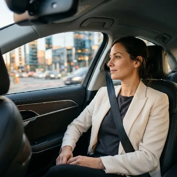 Geschäftsfrau auf Beifahrersitz im Auto sieht Wirkung kontinuierlicher Thought Leadership Beiträge auf LinkedIn — Anfragen und Sichtbarkeit durch ThoughtLead