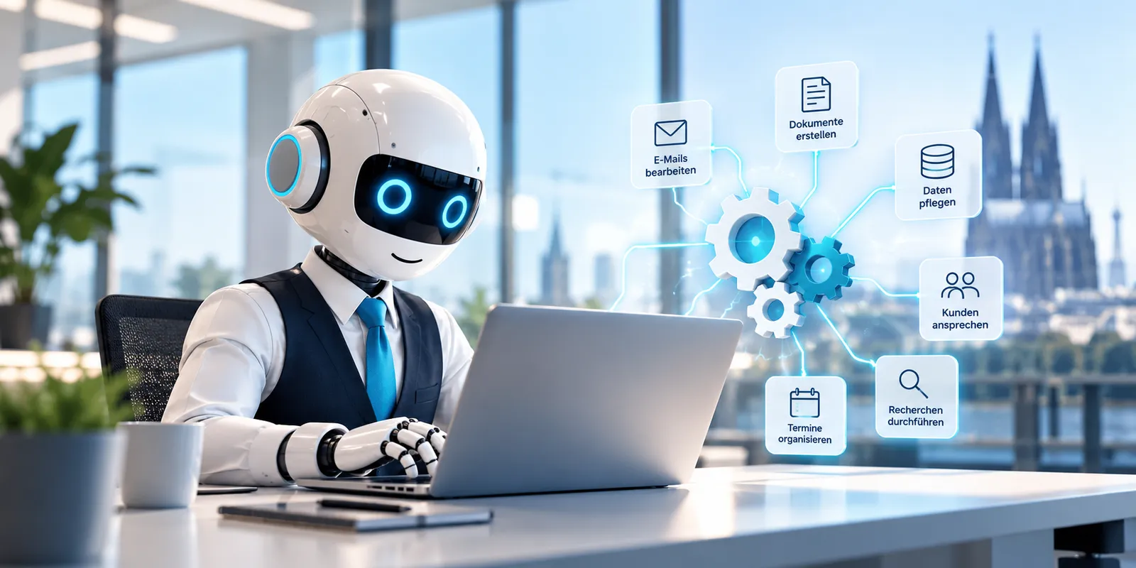 KI-generierte Illustration: Ein Roboter arbeitet am Laptop, im Hintergrund ist der Kölner Dom zu sehen.